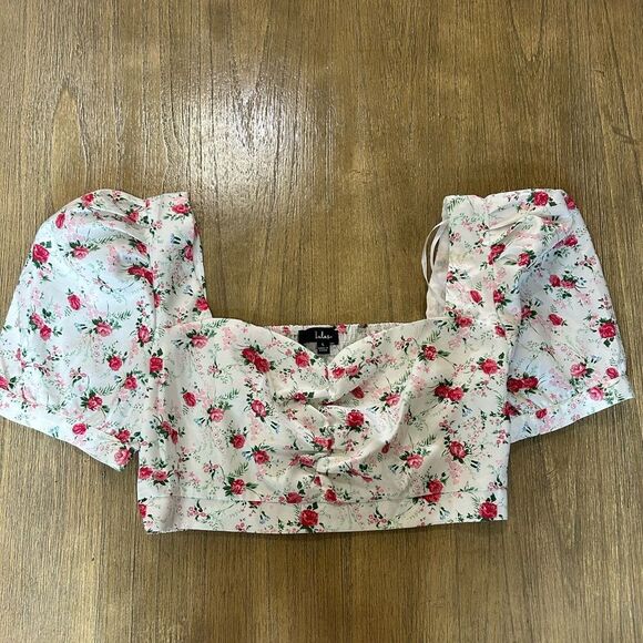 Lulus Cute Factor Floral Rose Print Puff Sleeve Crop Top large - Picture 2 of 9